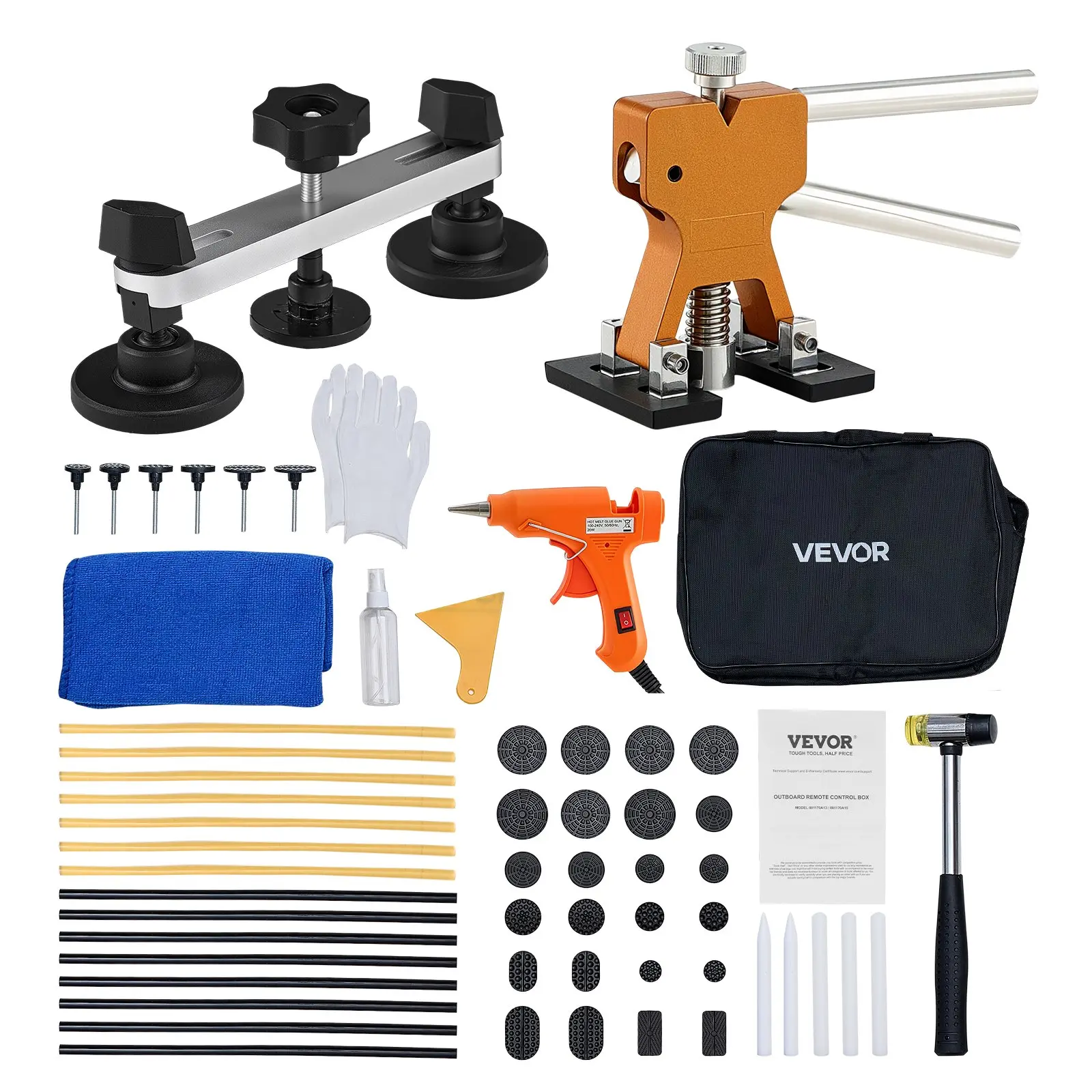【toolupgrade】VEVOR Dent Puller Kit, 60 PCS Paintless Dent Removal Kit with Golden Lifter, Bridge Puller, Rubber Hammer, Glue Gun, Auto Body Hail Damage Repair Remover Tools for Car Refrigerator Door Ding Repair
