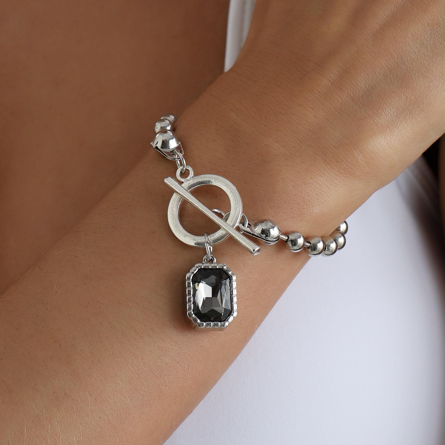 Black Crystal Pendant Necklaces for Women Silver Beaded Ball Chain Geometric Rectangle Choker Collarbone Necklace Daily Party Work Wear Jewelry Gifts