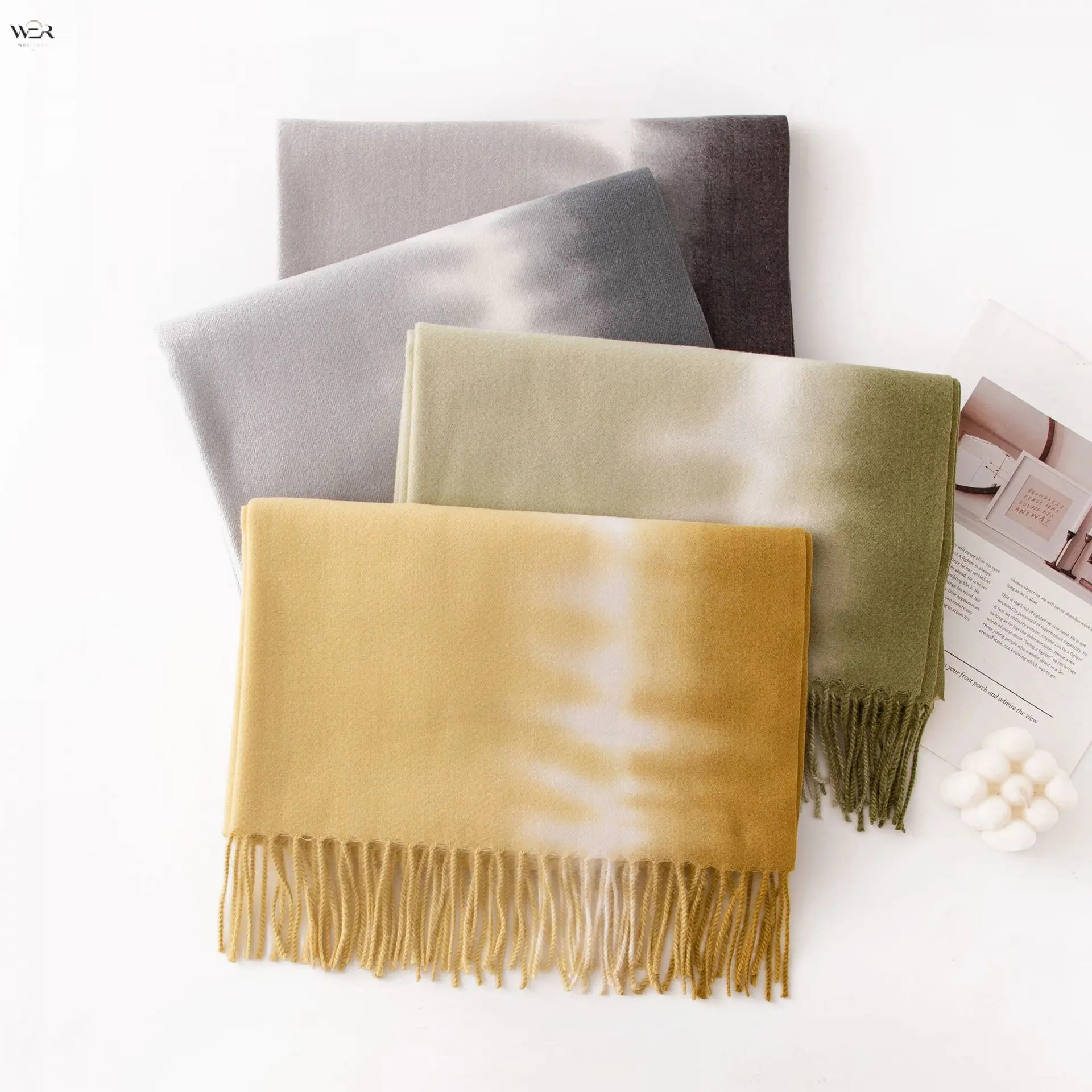 Women Fall Winter Tassel Scarf, Soft Imitation Cashmere Gradient Tie‑Dye & Floral Print Shawl Wrap, Warm Large Blanket Scarf for Cold Weather, 11 Styles Available 200*70CM