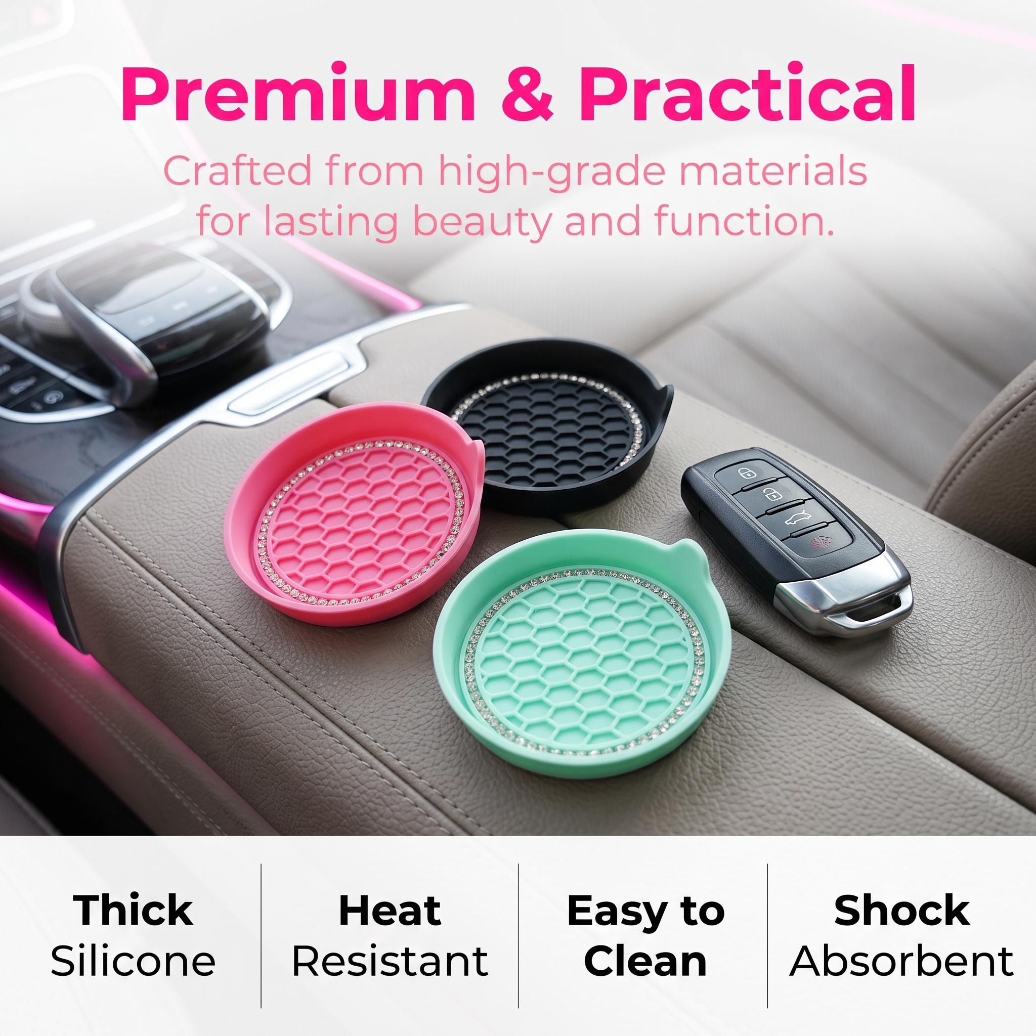 2pcs Non-Slip Water Cup Pad, Car Coaster with Rhinestone Bling Decoration, Anti-Skid 8cm Rubber Cup Bottle Mat, Car Interior Accessory, Car Accessories-MM2