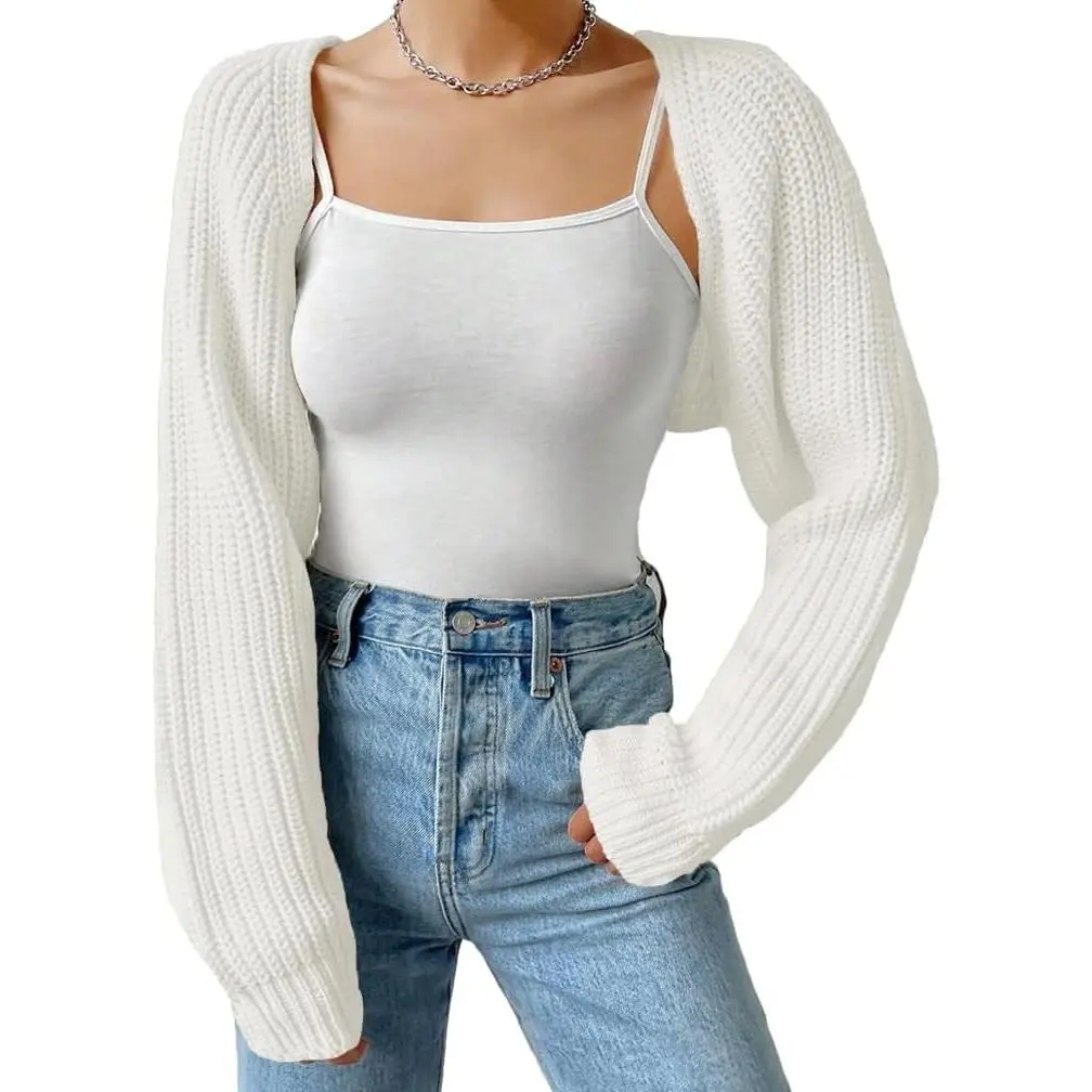 Women Open Front Ribbed Knit Crop Bolero Drop Shoulder Long Sleeve Solid Loose Fit Knitted Crop Cardigan ShrugGift