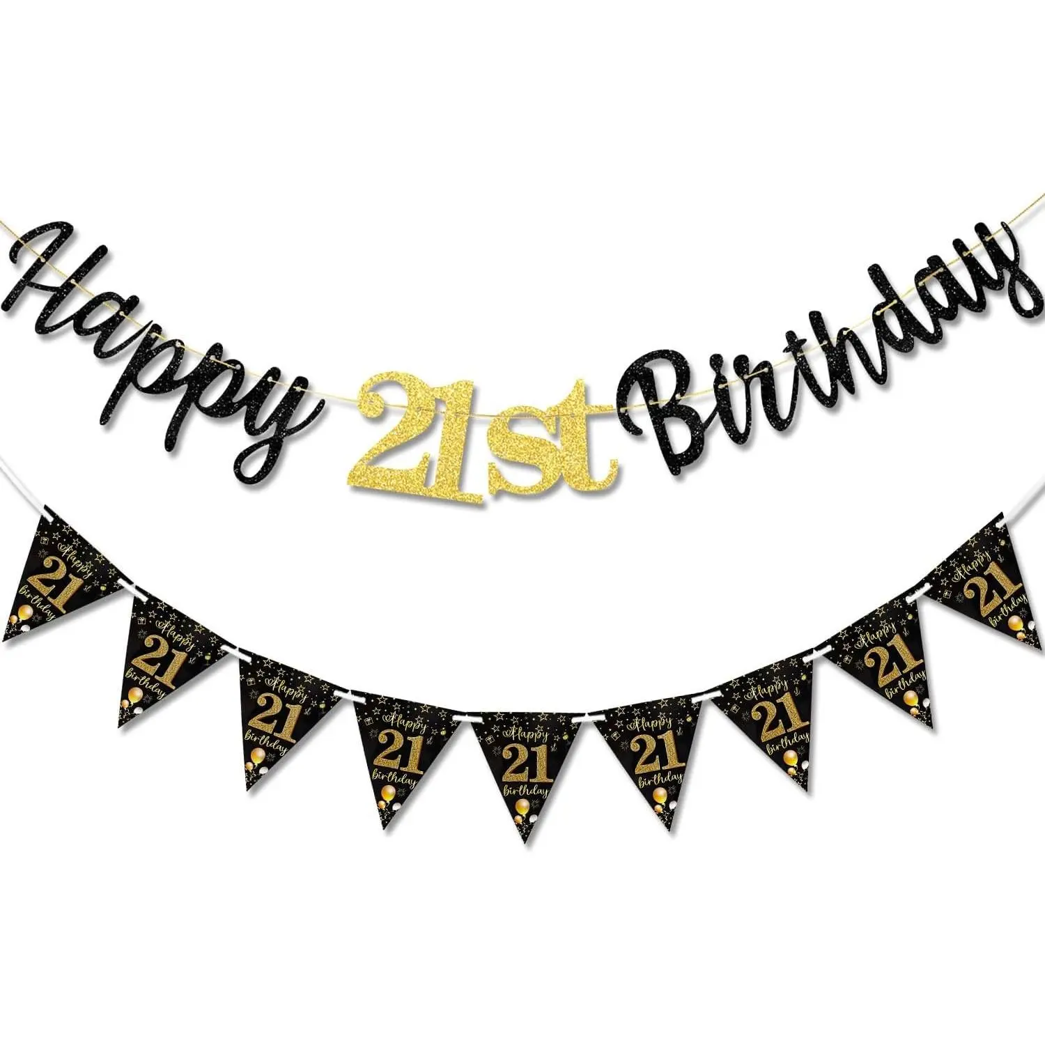21st Birthday Elegant Black-Gold Paper Decoration Kit for Men-Women, Includes Happy Birthday Banner & Triangle Flag Banner
