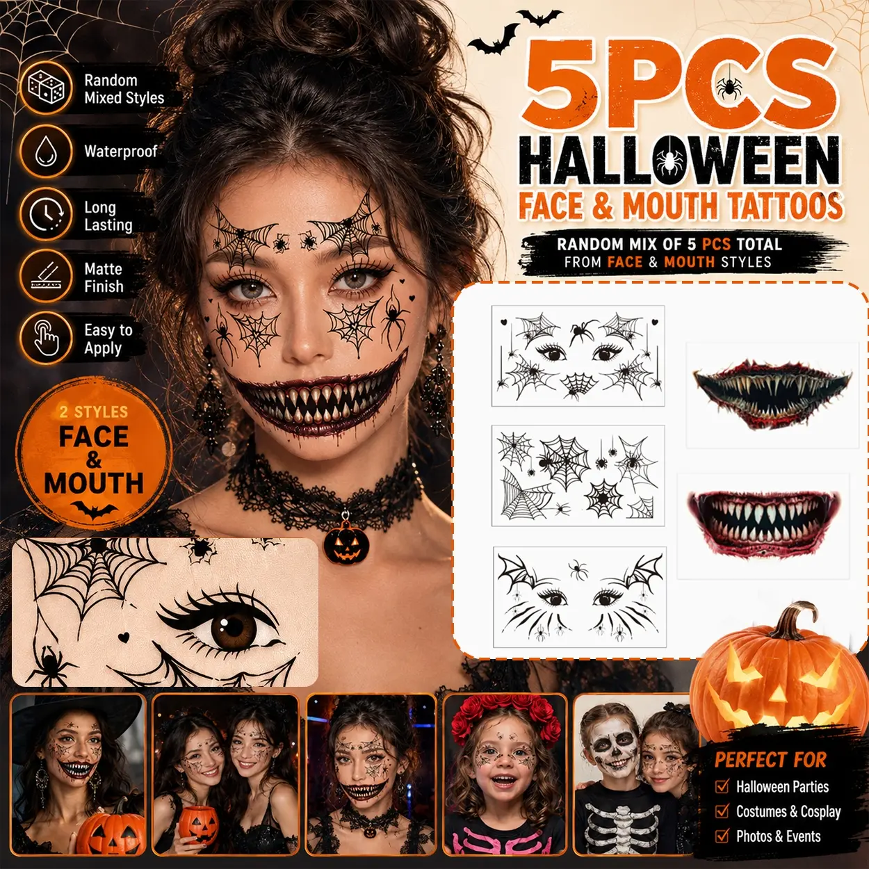 Halloween Face Mouth Tattoo Stickers 5pcs, Eyeliner Eyeshadow Temporary Makeup Decals with Spider Web, Bat and Skull Details, Waterproof Easy Apply Tattoos for Women, Spooky Costume Party, Cosplay, Haunted House, Festival and Selfie Props