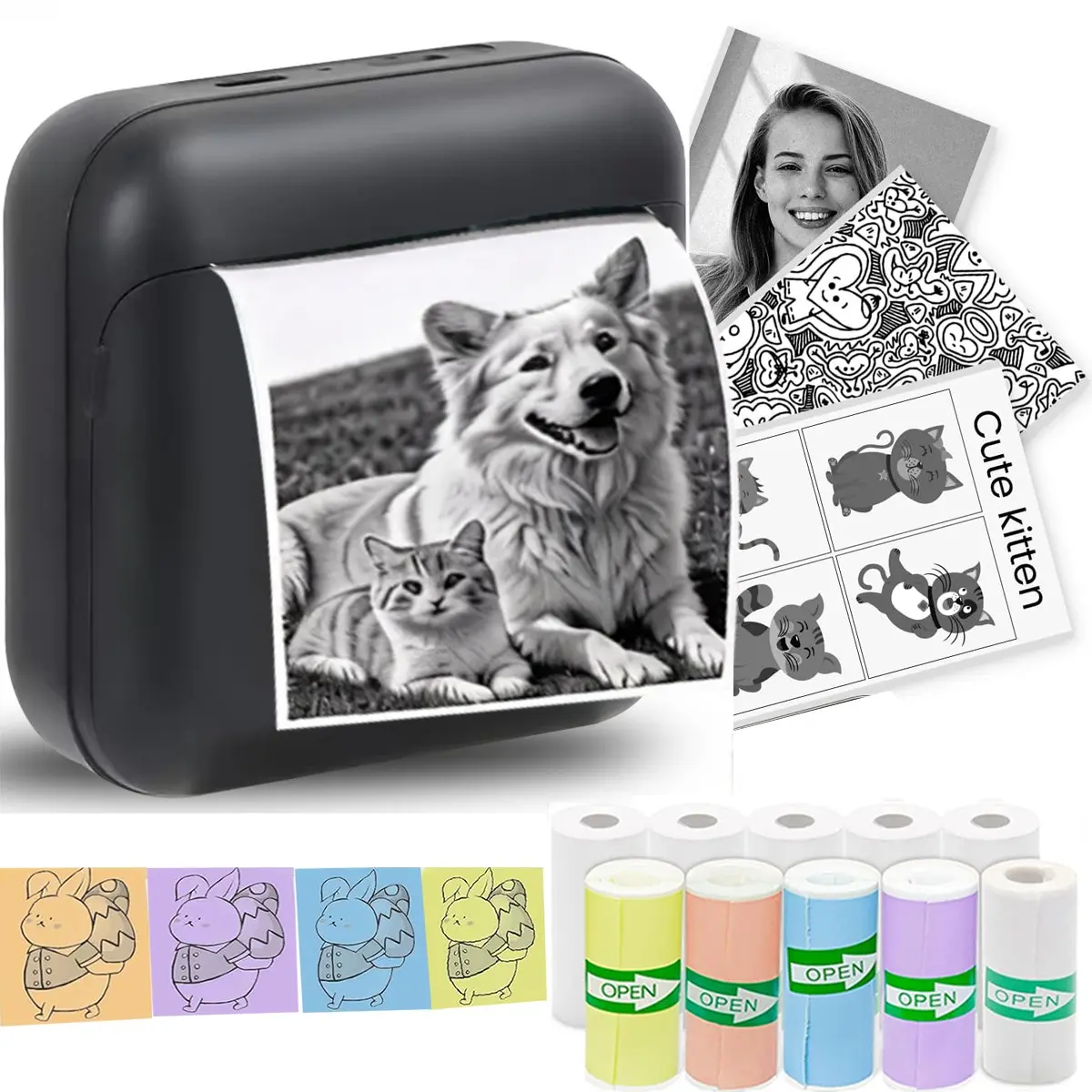 Portable Mini Printer with 10 Rolls Paper, 1200mah Rechargeable Battery, Inkless Thermal Printer for Notes, Photos, DIY, Compatible with iOS and Android
