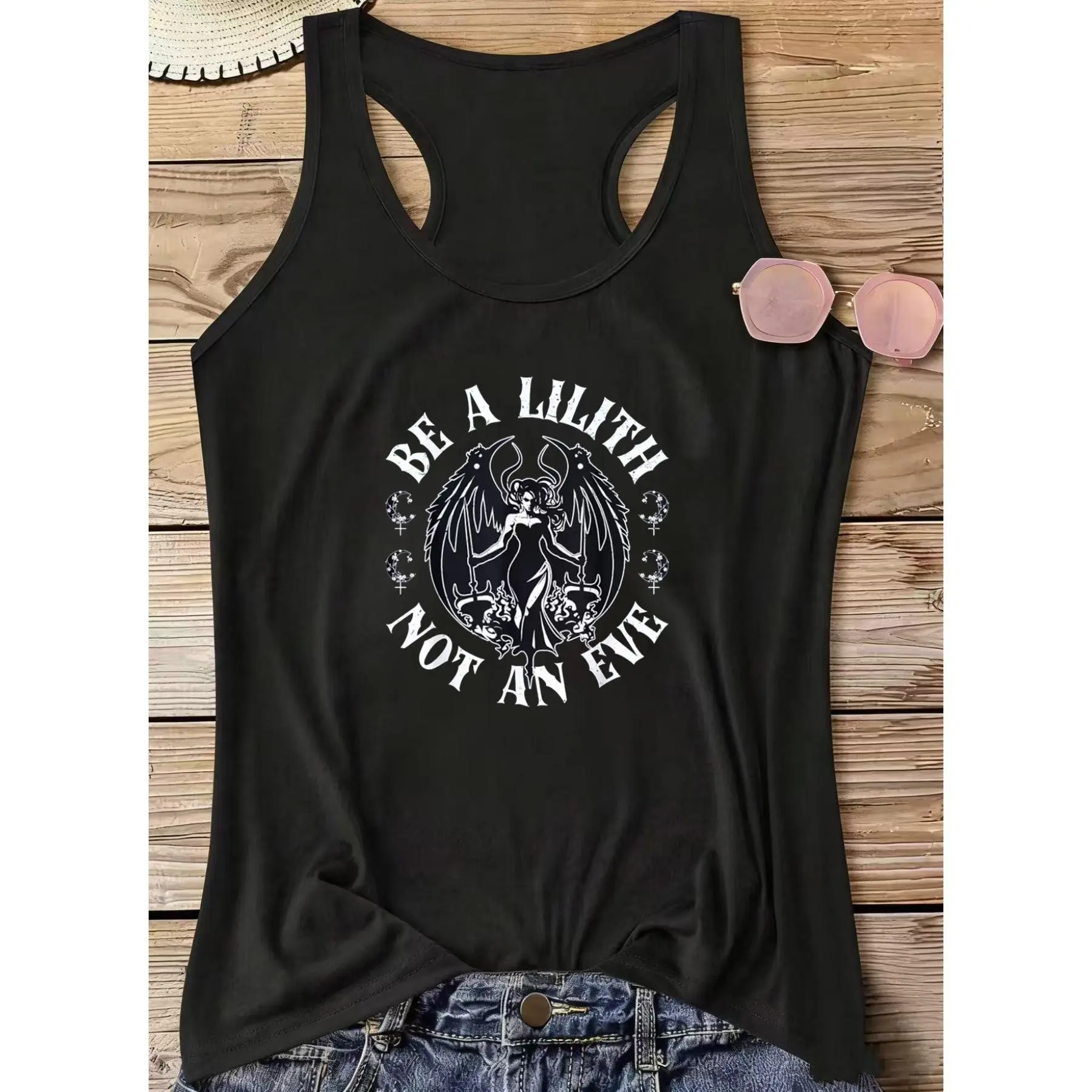 Women's Gothic Witch Aesthetic "Be Lilith Not Eve" Demon Moon Graphic Tank Top - Sleeveless Round Neck Feminine Fabric Pullover, Machine Washable Unisex Vest for Themed Outfits & Casual Attire