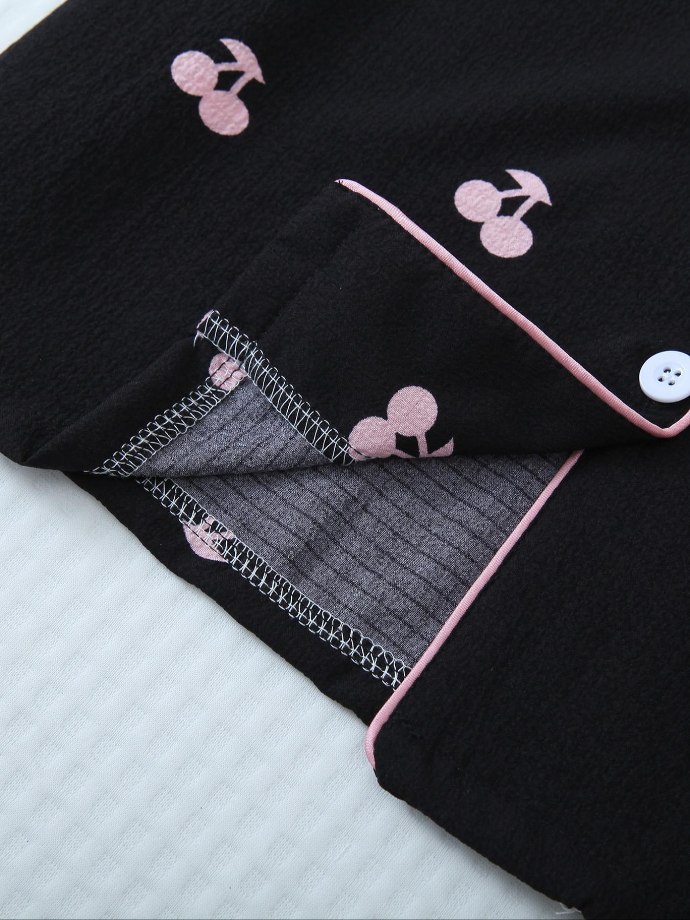 Two-Piece Set Women's Cherry Print Contrast Binding Lapel Shirt & Bow Decor Shorts Pyjama Set, Button Front Short Sleeve Sleep Top & Elastic Waist Shorts PJ Set, Summer Sleepwear Set for Ladies, Pajamas, Loungewear
