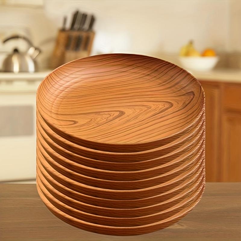 10 creative wood-pattern plastic plates with circular stripe design, high-quality and lightweight, suitable for home use, dessert shops, commercial snack and fruit trays, cup and plate storage, cake and dessert serving plates