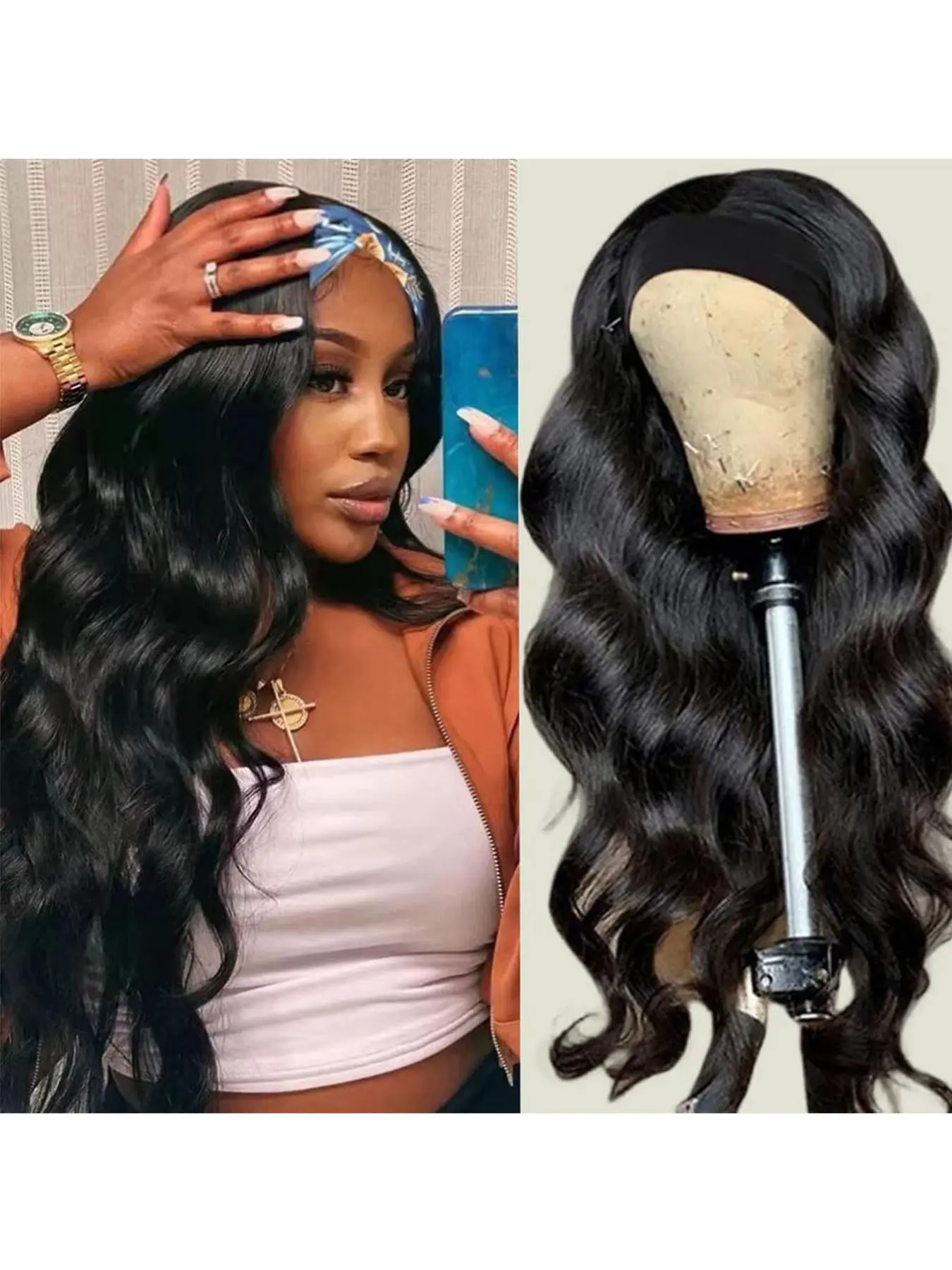 Synthetic Headband Wigs for Women Body Wave Head Band Wig Wear and Go Glueless Half Wigs Machine Made Synthetic Wavy Wig Natural Color 200% Density 26 Inch