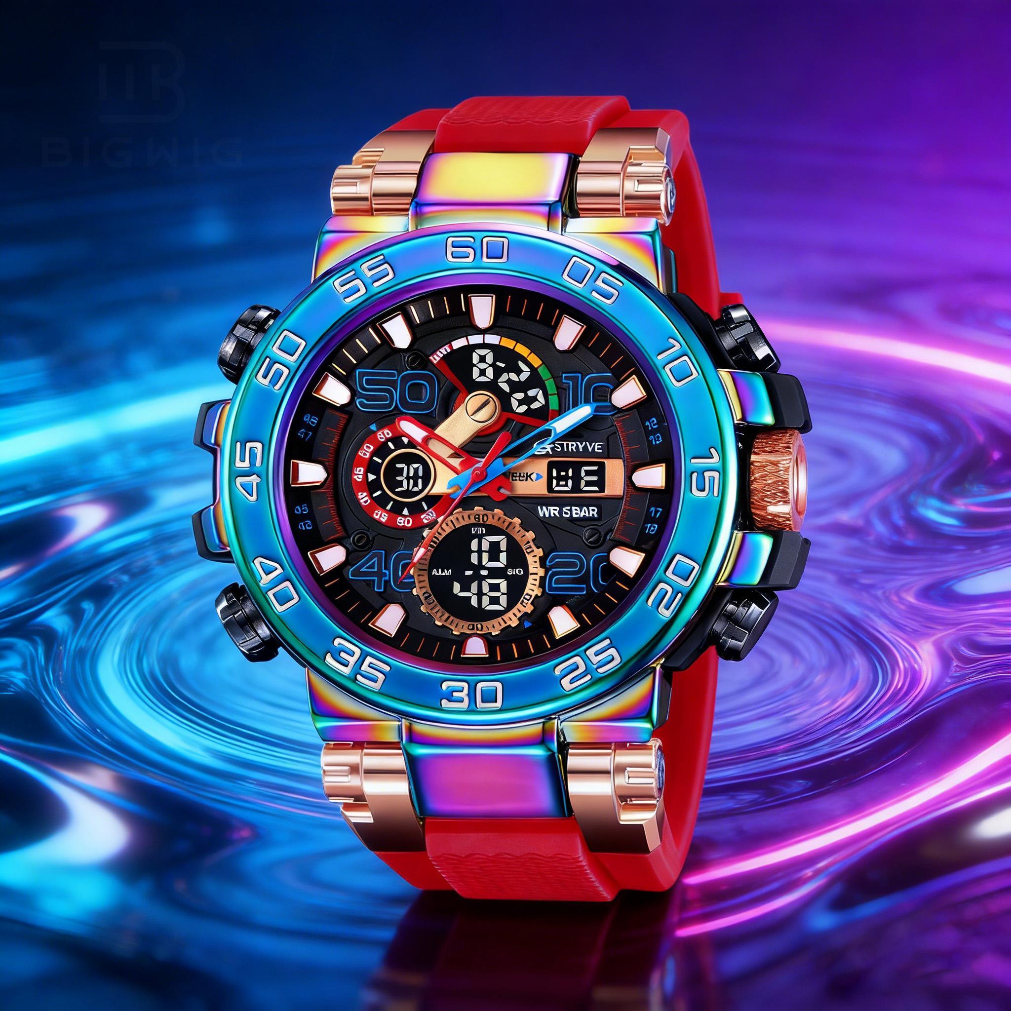Men's Colorful Punk Style Quartz Watch Multi-FunctionalWater Resistant Dual Display Wristwatch  Trendy Fashion SportWatch  Birthday Gift with Tin Box