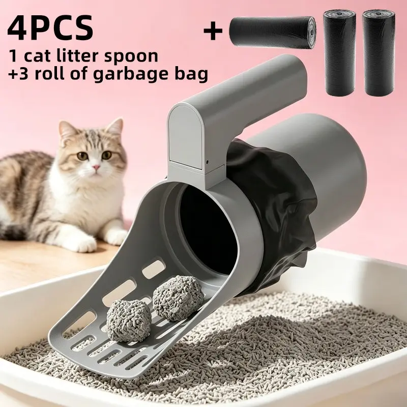4-Piece Cat Litter Scoop Set with 3 Trash Bags, Non-Contact Design, Ergonomic Handle, Durable Plastic, Easy Clean, Indoor/outdoor Use