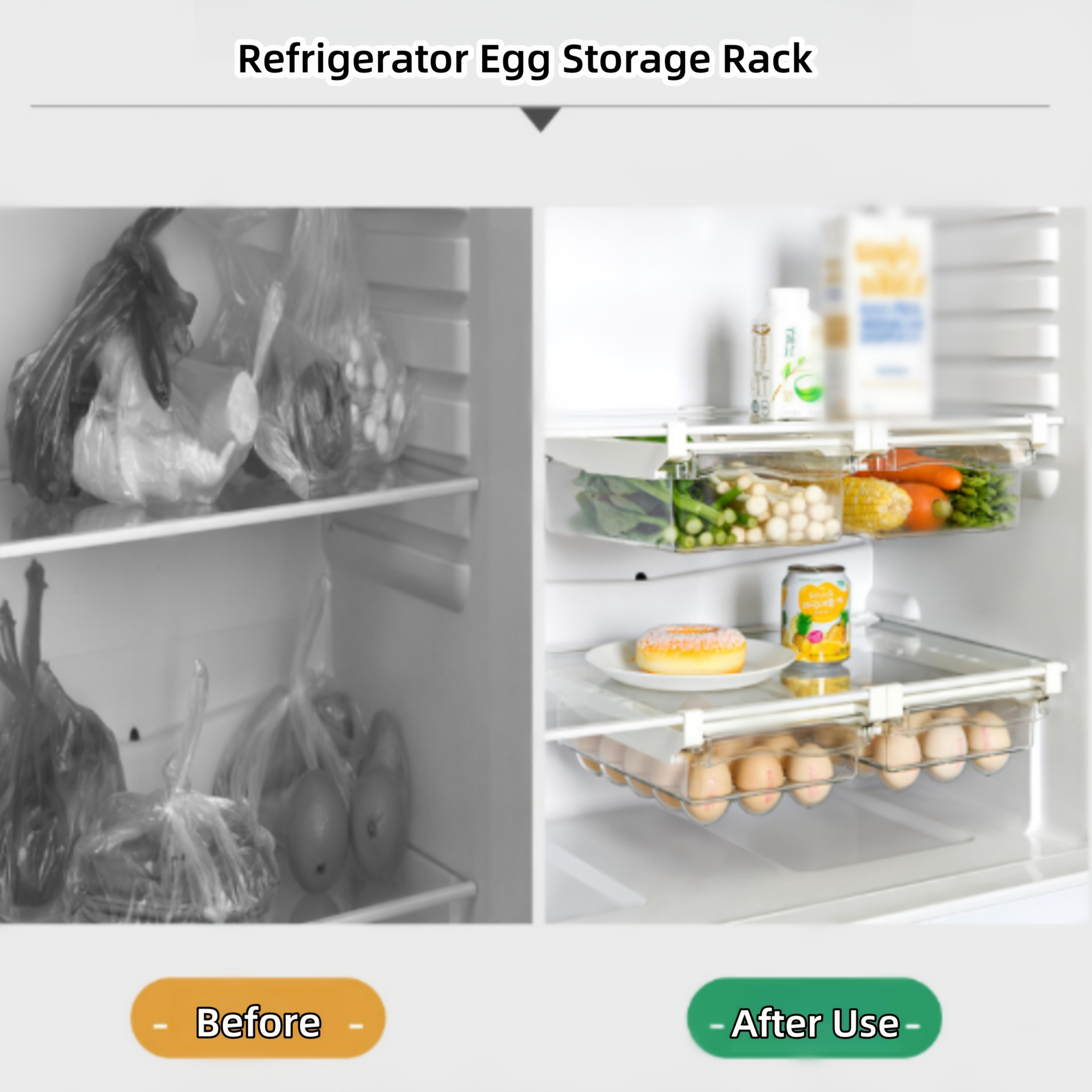 Refrigerator egg rack, snap-on egg drawer refrigerator, pull-out refrigerator transparent egg storage container, egg storage device and storage, egg tray, space-saving, keep fresh, ideal for home dining
