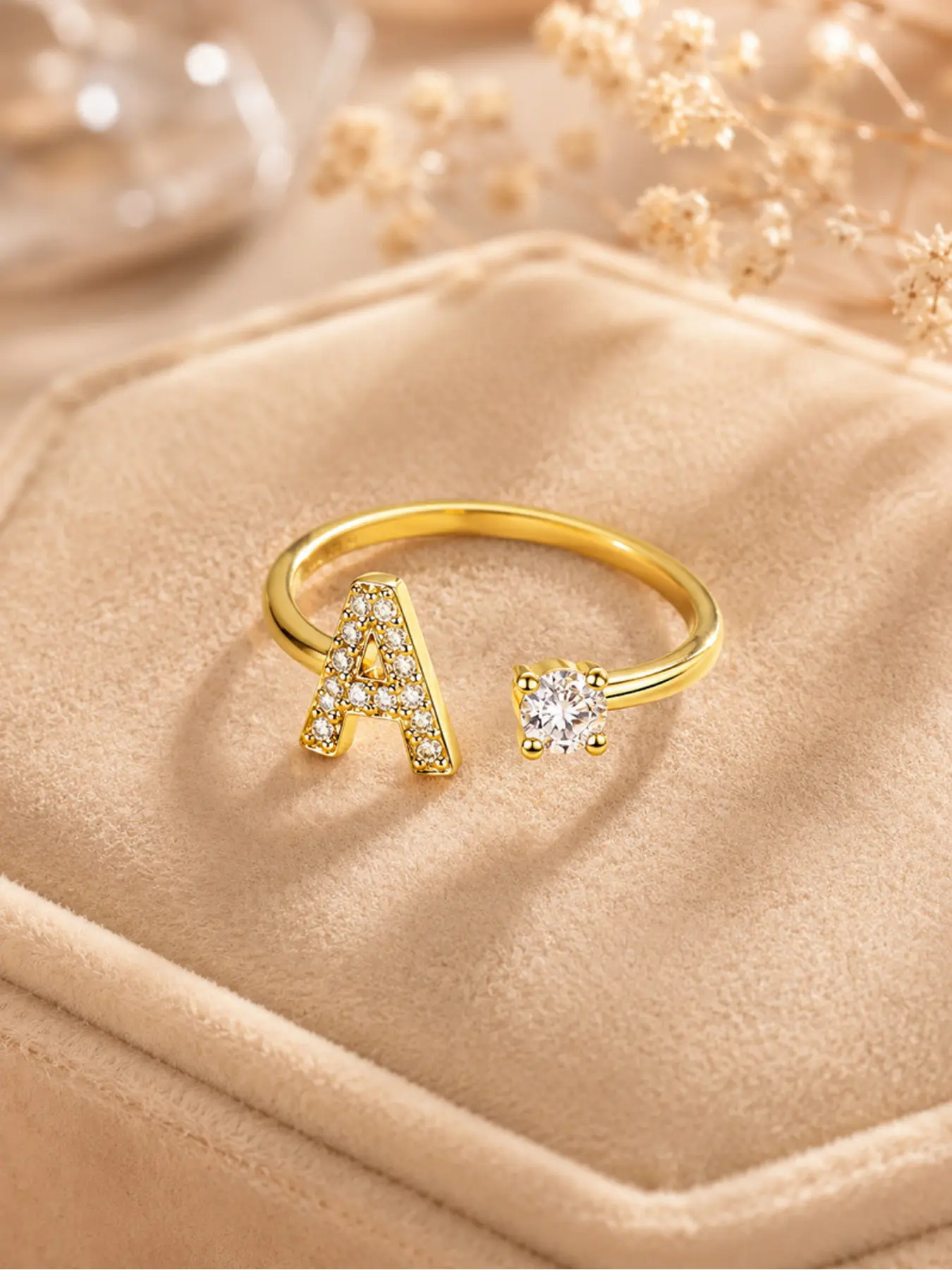 A-Z Initial Open Ring for Women, Sparkling Letter Adjustable Ring, Fashion Beautiful Rings, Personalized Meaningful Jewelry, Birthday Anniversary Gift for Her