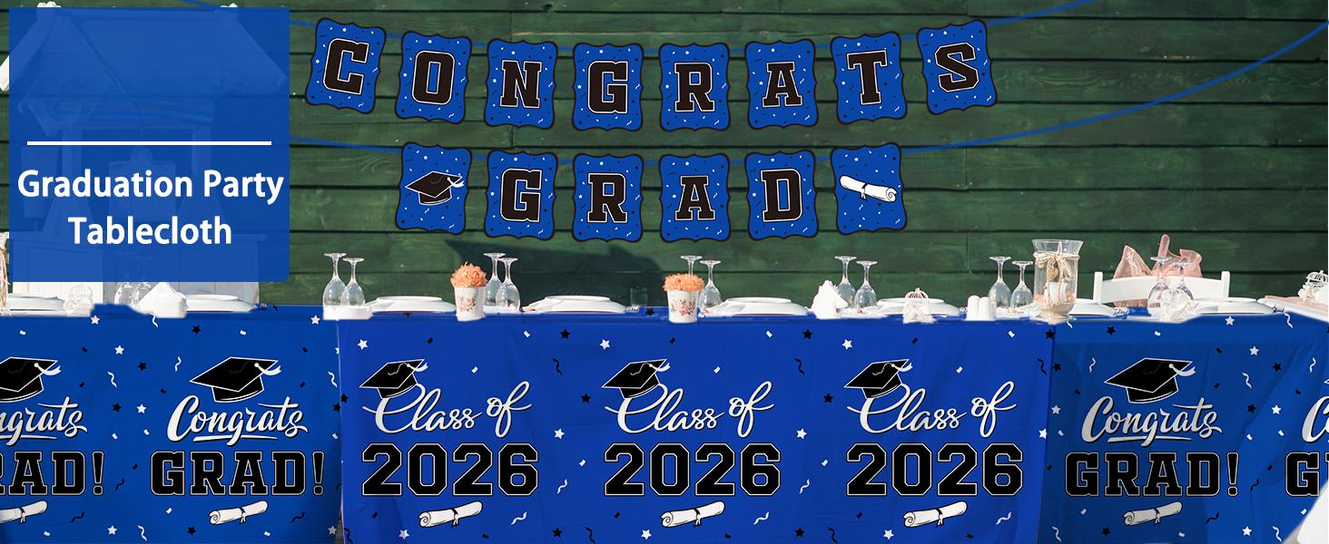 2026 Graduation Decorations : 2-Pack Congrats Grad Disposable Tablecovers - Class of 2026 Blue Themed Table Cloths, for Graduation Party Supplies & Graduation Backdrop, 54" X 108"