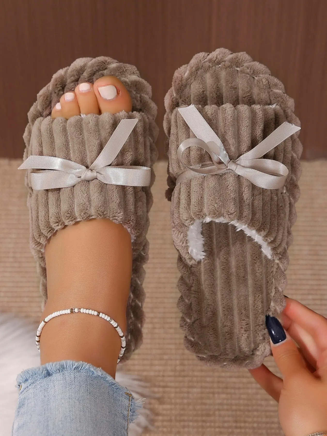 Women's Fluffy Open Toe Flat Slippers, Bow Design, Warm Plush Lining, Casual Comfort Slip-On, Autumn & Winter Footwear for Daily Home, Office & Indoor Scenarios