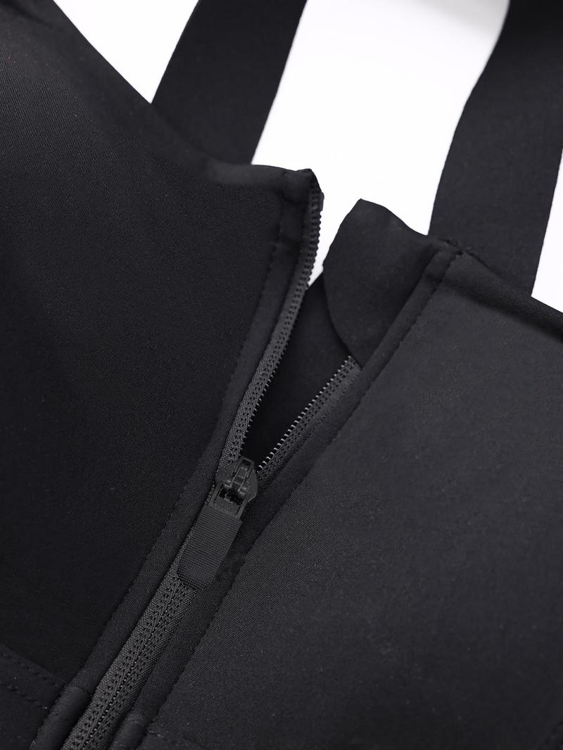 【Plus Size】 Criss Cross Zipper Front Wireless Sports Bra, Solid Adjustable Strap High Stretch Yoga Bra, Women's Sport Clothing for Indoor Outdoor Wear