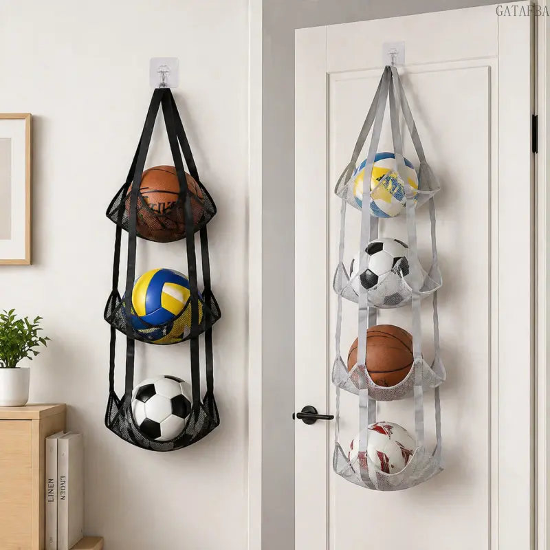 Wall Mount Multi-Layer Mesh Sports Ball Storage Bag For Basketball Football