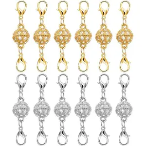 12-Pack Strong Magnetic Necklace Clasps & Extenders - Gold/Silver Plated Stainless Steel Closures with Charm, Ideal for Jewelry Making & Repair, Perfect Gift for DIY Enthusiasts Adjustable Metal Chain Rhinestone