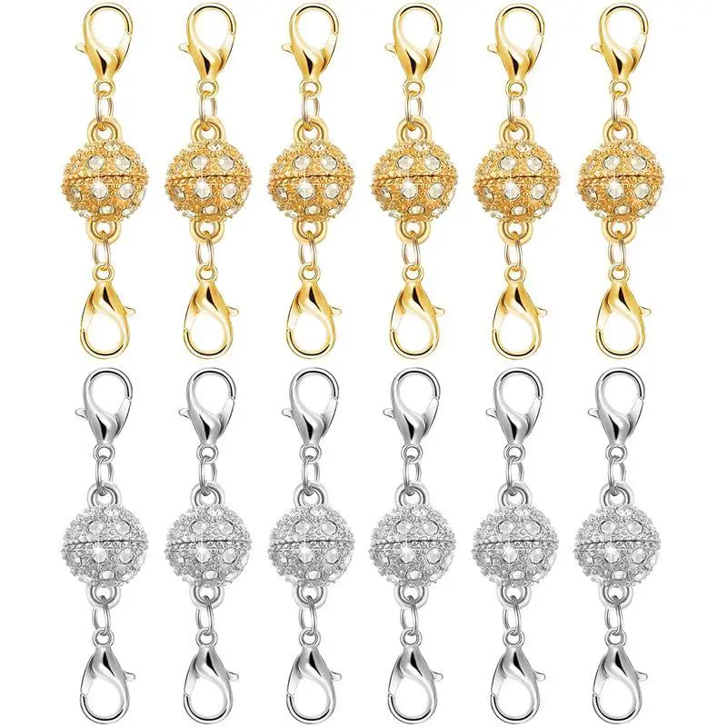 12-Pack Strong Magnetic Necklace Clasps and Extenders with Charm, Gold & Silver Plated Stainless Steel, Adjustable Metal Chain for Jewelry Making