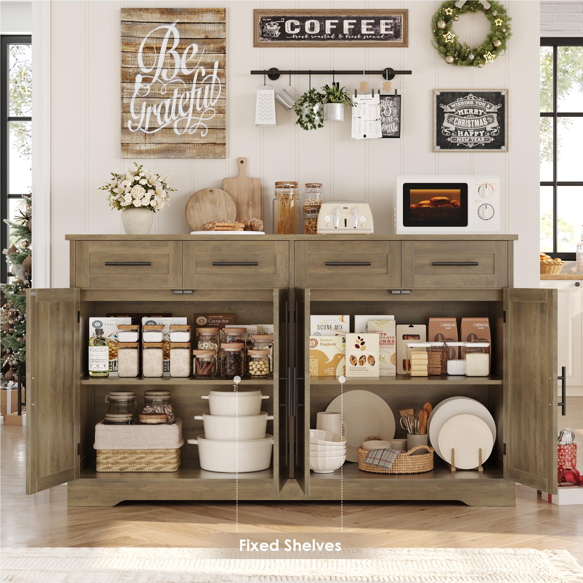 【2 packages shipping 】HOSTACK Buffet Sideboard with Storage, Kitchen Buffet Storage Cabinet with 4 Drawers, Modern Coffee Bar Cabinet with Gold Handles, Long Sideboard Buffet Table for Kitchen