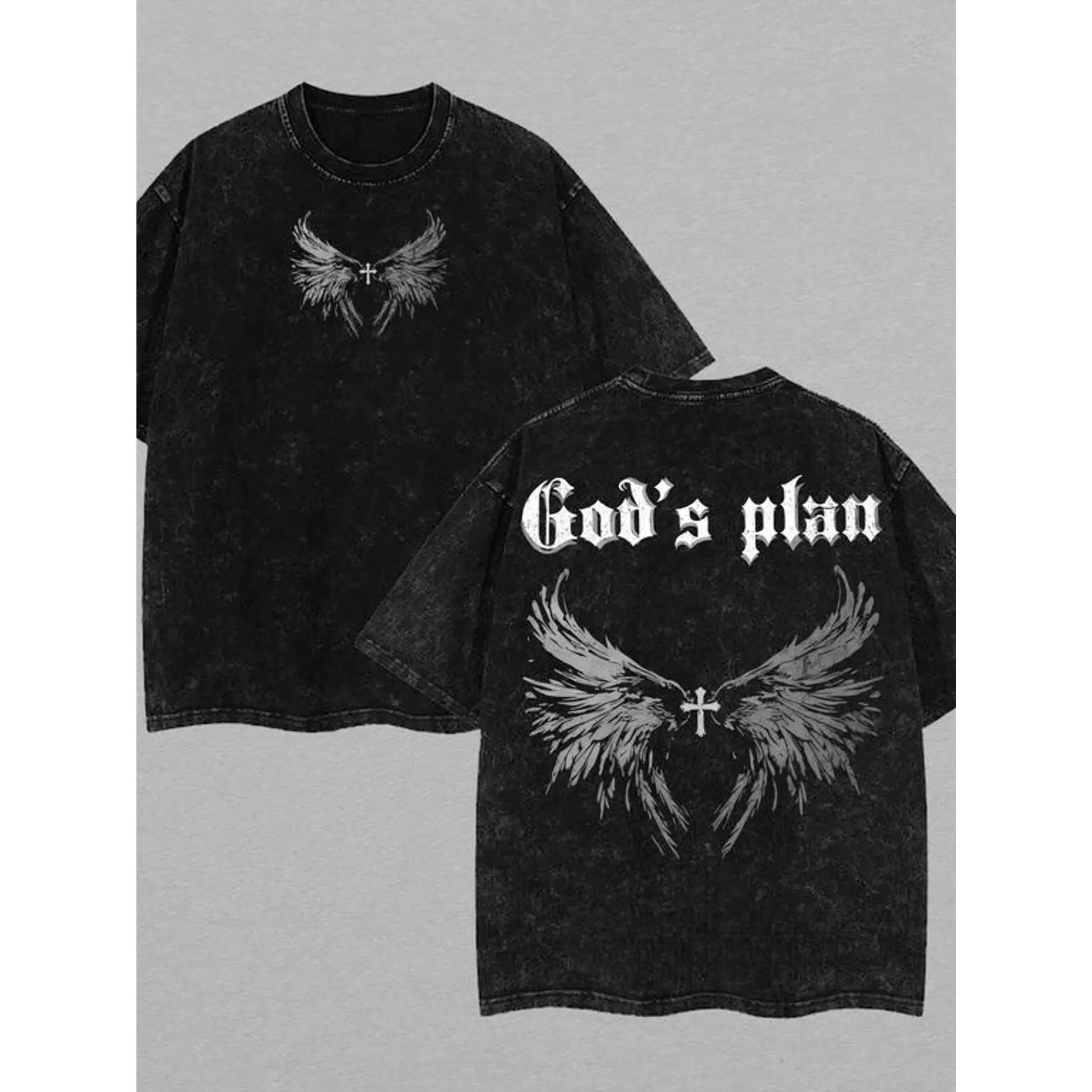 A Men'S Faded T-Shirt Featuring Prints of "God'S Plan" And Wings, Designed with a Gothic Religious Theme, Perfect for Street Fashion Enthusiasts And Daily Wear for Christian Followers,Unisex Vintage Graphic T-Shirt