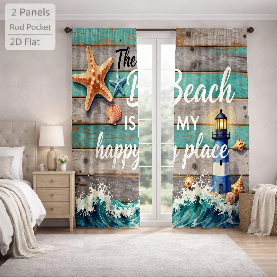 2 Pcs Coastal Beach Lighthouse Starfish Seashell Wave Pattern Digital Printed Rod Pocket Curtains for Bedroom Office Kitchen Living Room Study Home Decor