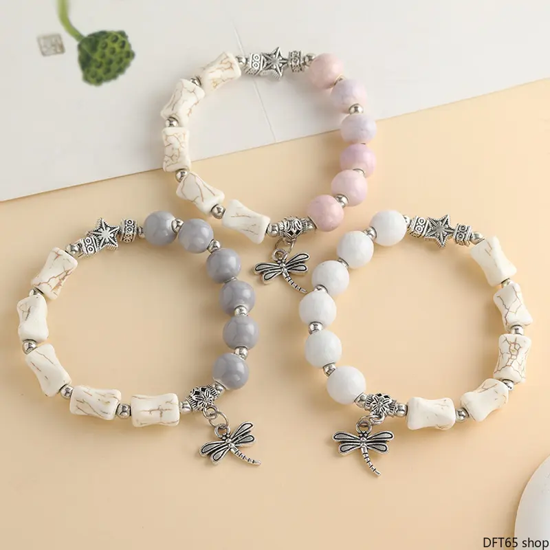 Handmade Ceramic Beaded Bracelet Decorated With Mini Dragonfly Charms Glossy Smooth Ceramic Surface Lightweight Gentle Texture For Young Girls Daily School Dating Birthday Gift Minimalist Chinese Style Delicate Wrist Jewelry Accessory
