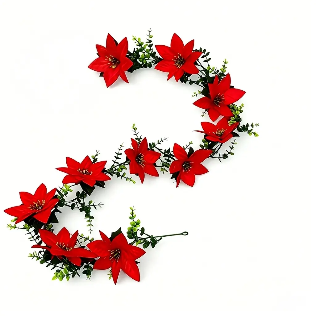 1pc Christmas Simulated Beautiful Eucalyptus Red Poinsettia Vine Ornament - Realistic Artificial Flowers, Can be Used Indoor/Outdoor, High Quality Soft Large Red Holiday Ornament, Suitable for Fireplace, Staircase, Front Door, Christmas Decoration