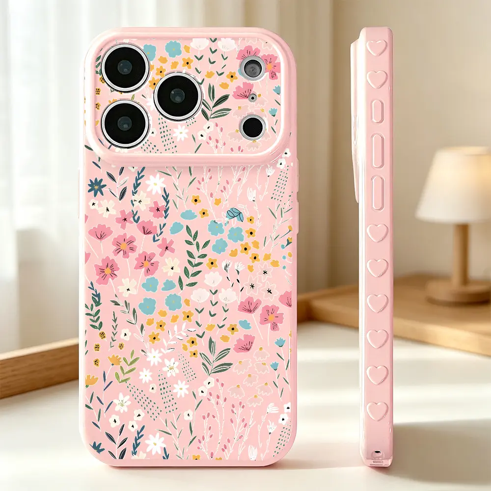Exquisite Embossed Heart Patterns，Pastel Wildflower Phone Case， Botanical Minimalist Style， Phone Case for iPhone 17 Pro Max 17 Air 17Pro 16 15 14 13 12 11 Pro Max， Floral Garden Gift， Soft Bloom Pattern， Spring Meadow Art