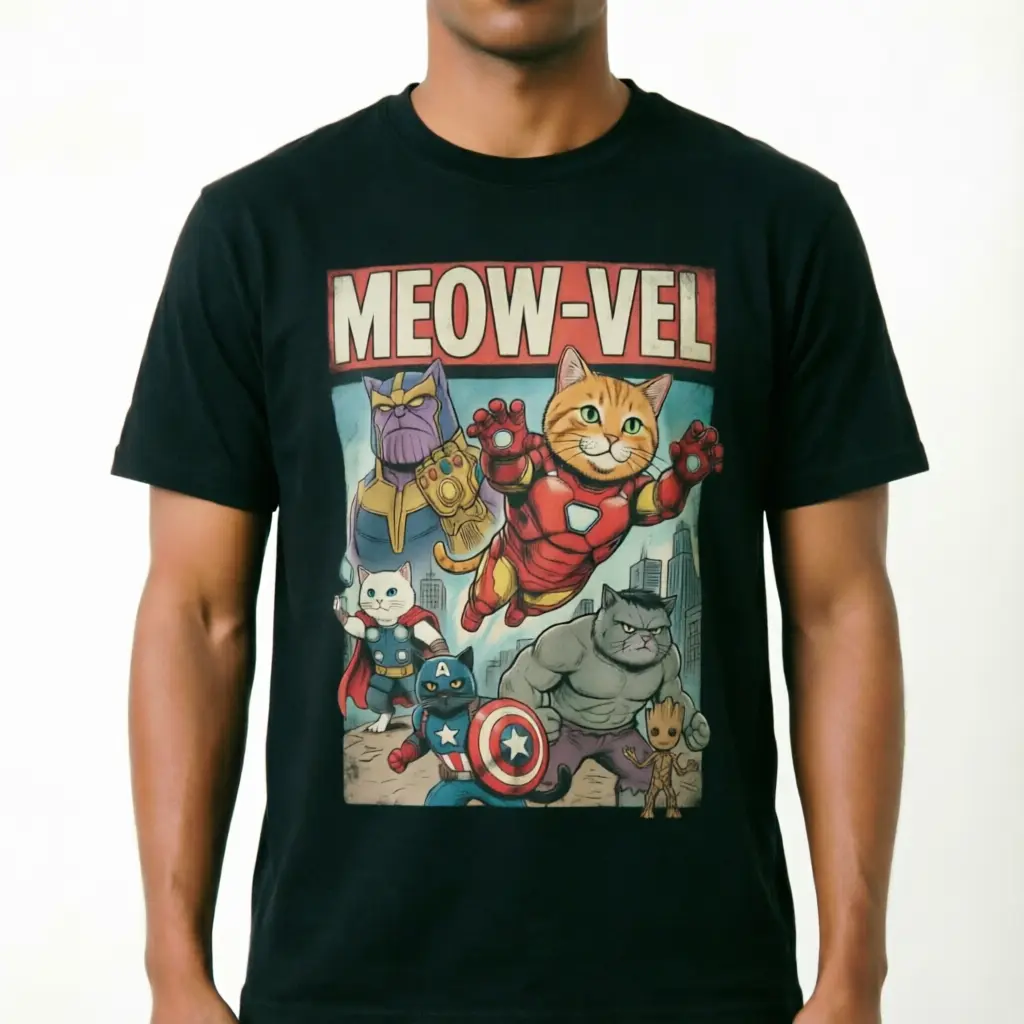 Meow-Vel Cat Graphic Tee, Funny Super Cats Shirt, Vintage Cotton Tee, Unisex Streetwear T-Shirt , Cat Lover Gift  cute humor american adult husband everyday design navy black short sleeve men classic casual trendy print t-shirt