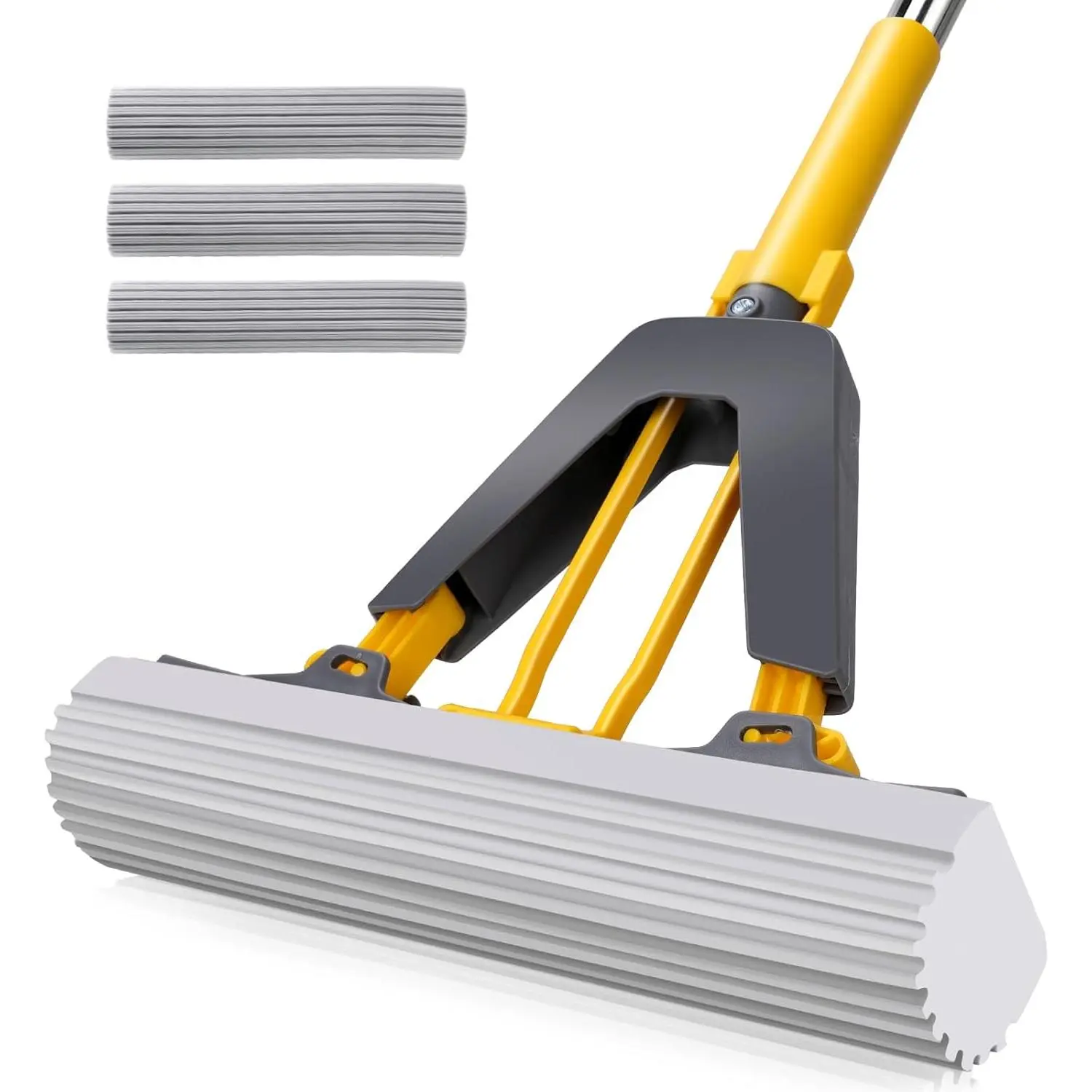 Sponge Mop,Roller Sponge Mop with 3 Absorbent PVA Mop Refills,Self Squeeze Sponge Mops and Stainless Steel Handle,PVA Sponge Mops for Floor Cleaning