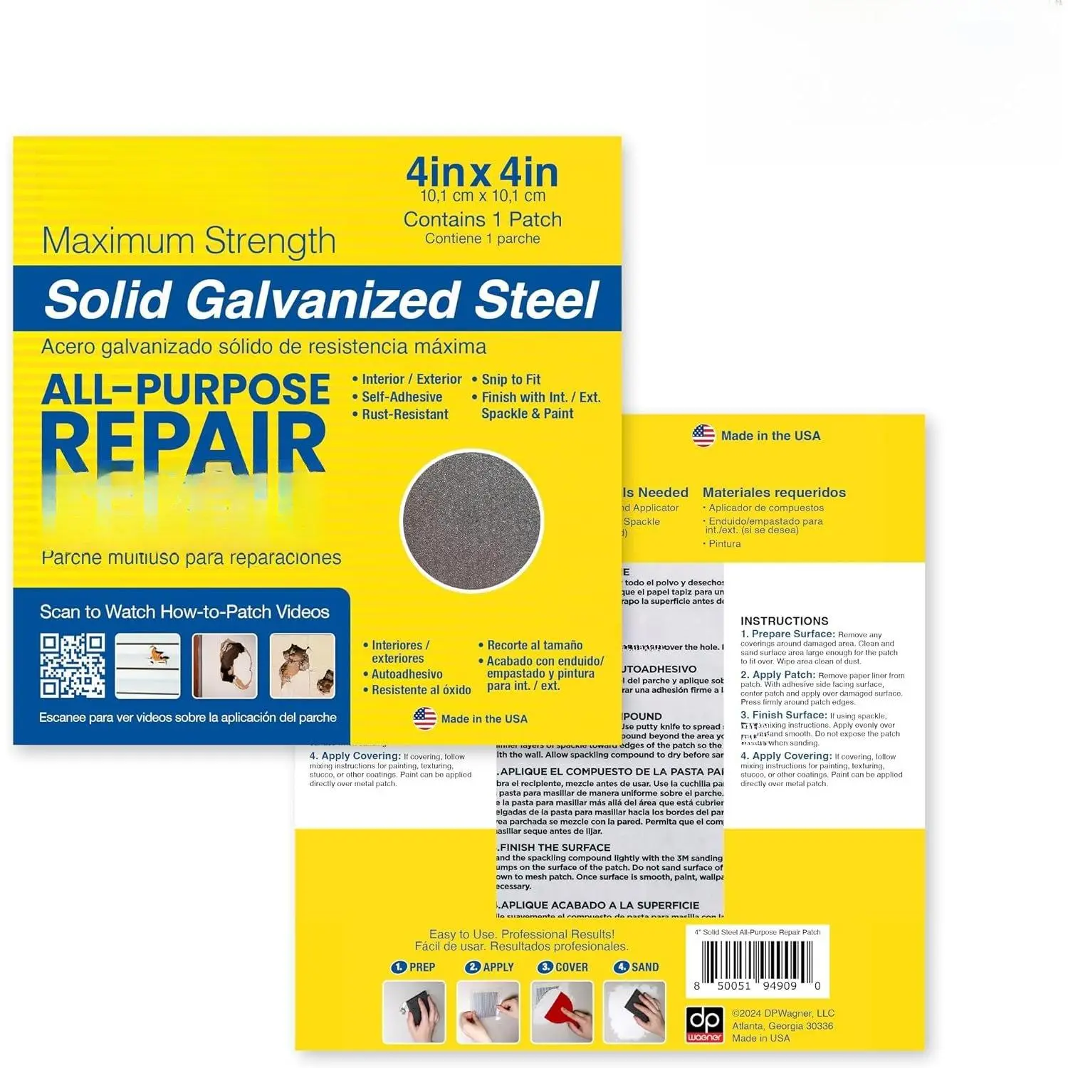 ® 4 in. x 4 in. Self-Adhesive Surface Repair Patch, -Purpose Galvanized Metal for Interior and Exterior Repairs, Ideal for Drywall, Plaster, , Brick, Stucco, and  (3-Pack)