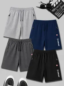 4-Pack Men's Sporty Shorts, Ideal for Gym, Running, Hiking, Daily Wear, Ariat Letter Print, Breathable, Quick-Dry, Zip Pockets