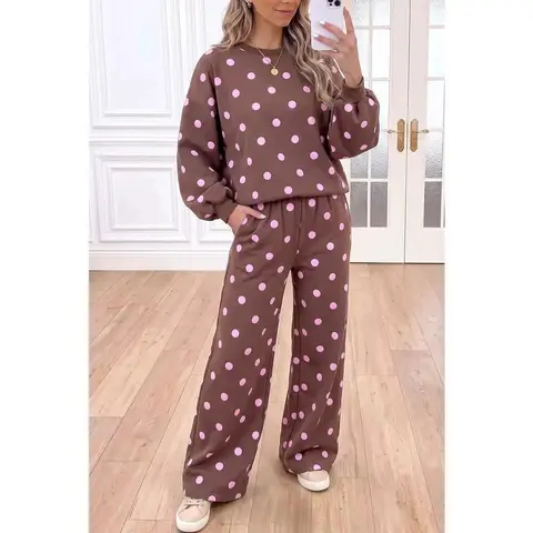 Women's Cute Polka Dot 2 Piece Lounge Set Crewneck Pullover Sweatshirt Balloon Sleeve Wide Leg Pants Matching Sweatsuit Casual Comfy Fall Outfit WFH Cozy Loungewear Slouchy Everyday Trendy Basic Clothes Tracksuit