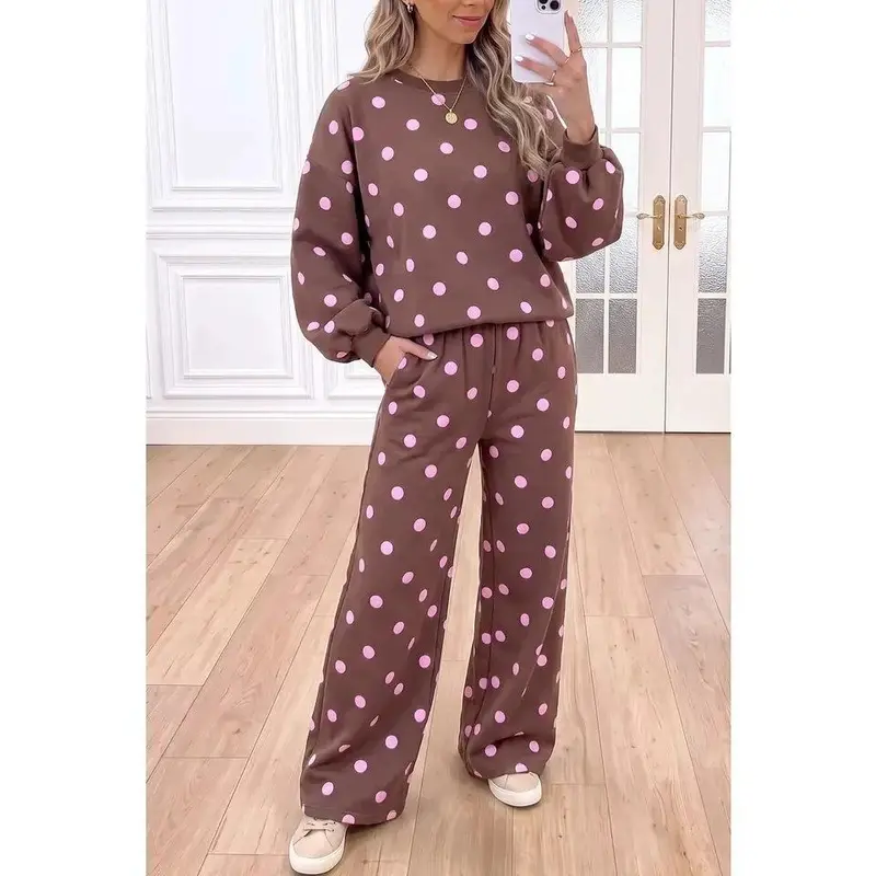 Women's Cute Polka Dot 2 Piece Lounge Set Crewneck Pullover Sweatshirt Balloon Sleeve Wide Leg Pants Matching Sweatsuit Casual Comfy Fall Outfit WFH Cozy Loungewear Slouchy Everyday Trendy Basic Clothes Tracksuit