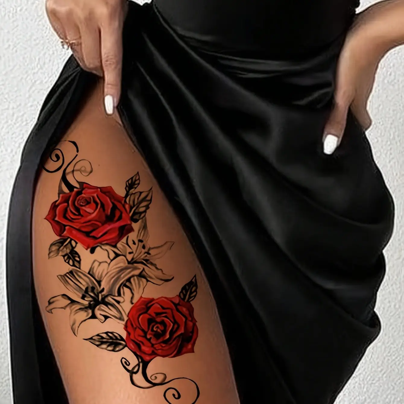 2-piece set of MEET TATTOO women's temporary tattoo stickers, Fake Tattoos - waterproof rose petals and chest/thigh stickers, realistic rose tattoo design, suitable for parties, theme events
