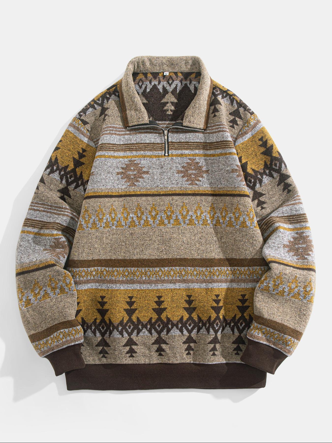Men's Ethnic Pattern Half-Zip Mock Neck Jacket, Loose Casual Long Sleeve Zip Front Outerwear for Winter, Men's Winter Clothes for Daily Wear, Zippered Jacket
