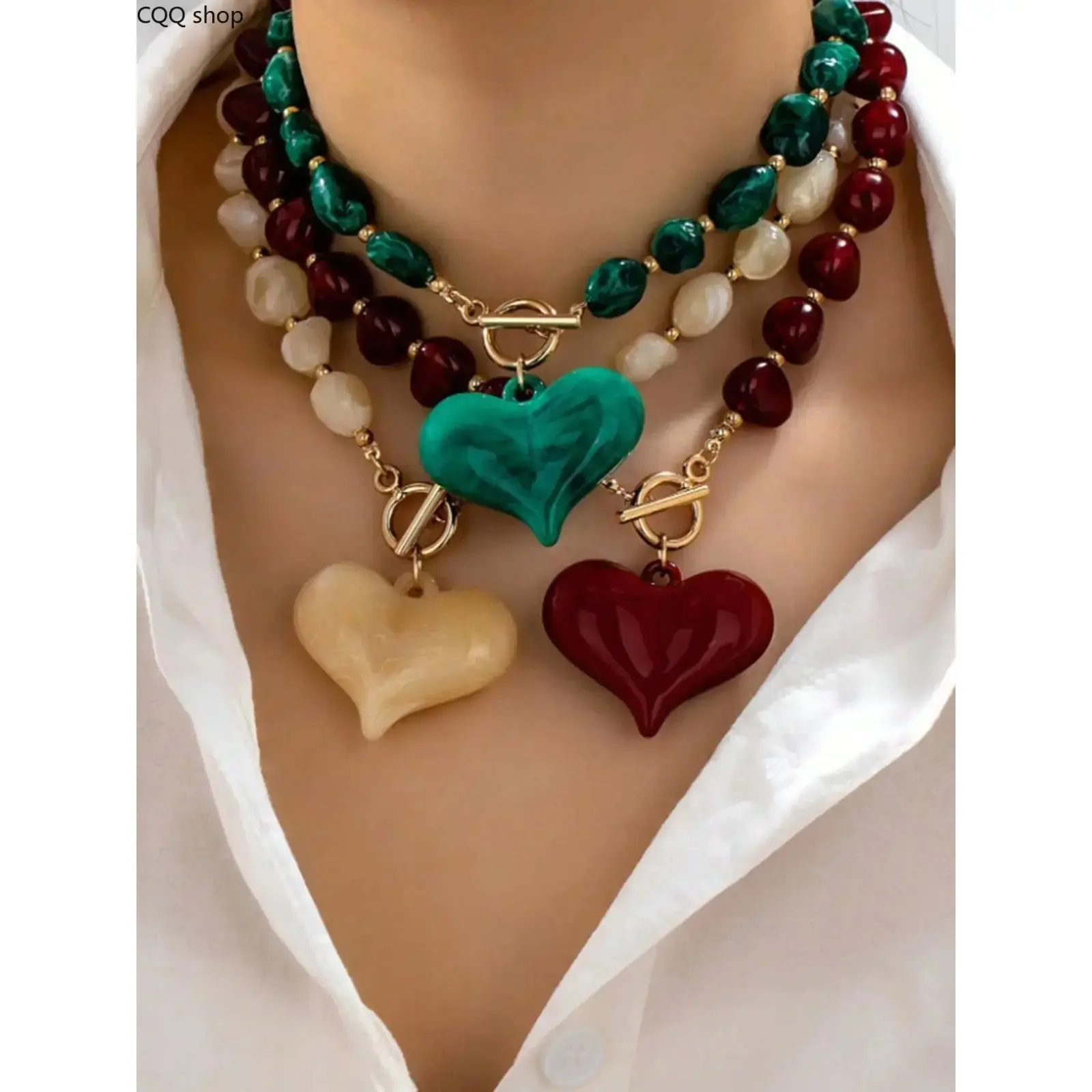 3Pcs  Vintage Chunky Beaded Heart Necklace for Women, Resin Heart Pendant Toggle Clasp Statement Necklace, Trendy Jewelry Gift for Party Daily Wear, Heart Design Jewelry, Casual Trendy Jewelry, Chunky Heart Necklaces