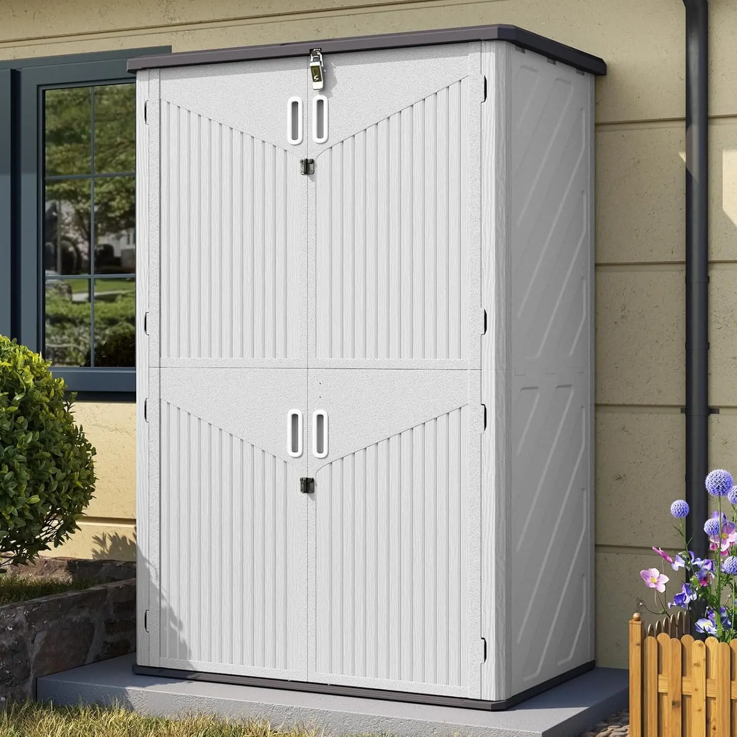 Outdoor Storage Shed, 64 Cu.Ft Vertical Resin Sheds, White | Storage Sheds with Floor, Outdoor Waterproof Storage Cabinet for Garage Storage, Pool Storage, Bike Shed, Garden Shed