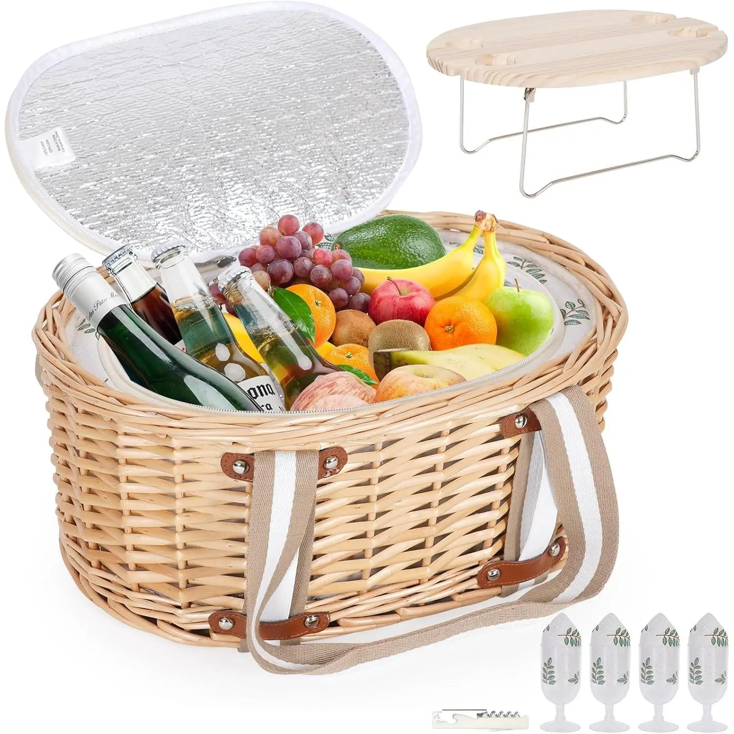 Insulated Wicker Picnic Basket Set for 4, with Folding Wine Table, Lined Wine Picnic Kit for Couples, Suitable for Camping Outdoor Activities Valentine Dating (Leaf)