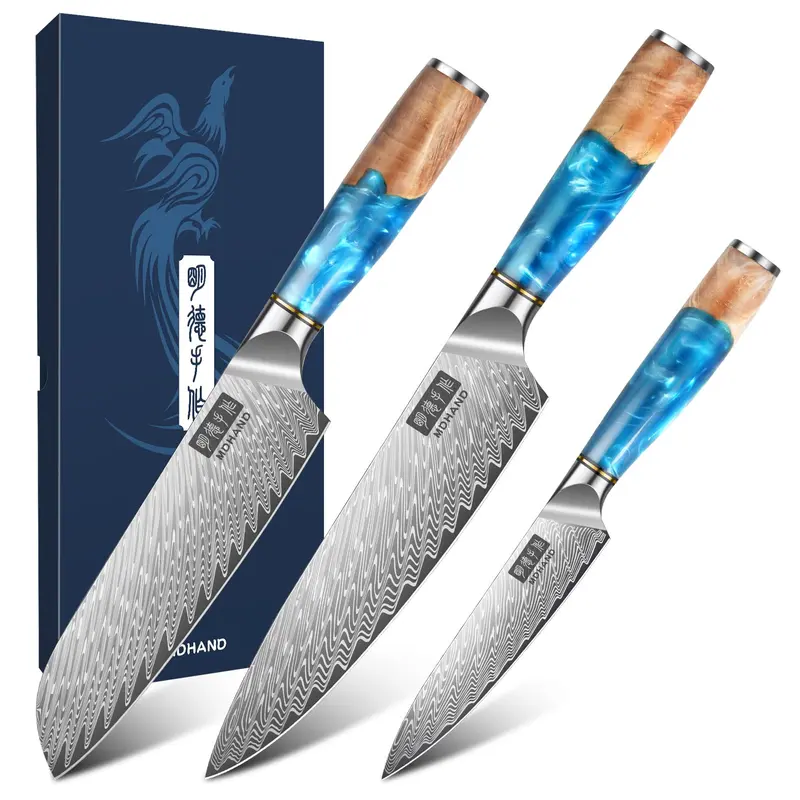 MDHAND 3-Knife Task Set - High-Carbon Japanese VG10 Super Steel Core Damascus Santoku Chef Knives, Ergonomic Asymmetrical Wet/Oil Grip Azure Wooden Handle, Sharp Durable Blade, Gift-Box Ready, Ideal for Every Kitchen Task