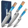 MDHAND 3-Knife Task Set - High-Carbon Japanese VG10 Super Steel Core Damascus Santoku Chef Knives, Ergonomic Asymmetrical Wet/Oil Grip Azure Wooden Handle, Sharp Durable Blade, Gift-Box Ready, Ideal for Every Kitchen Task