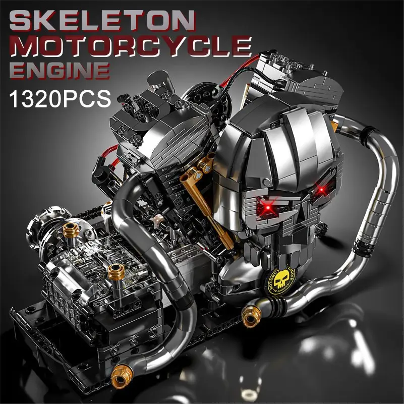 Skeleton Motorcycle V2 Engine Building Block Toy Set, Immersive Mechanical DIY Kit, Collectible Model Gift, Home Decor, Birthday, Christmas