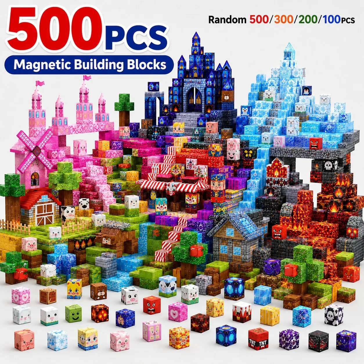 100/200/300/500PCS Magnetic Building Blocks for Kids, Building Block Sets, Random Pattern Magnetic Cubes, STEM Sensory Construction & Stacking Toy, Creative Building Set