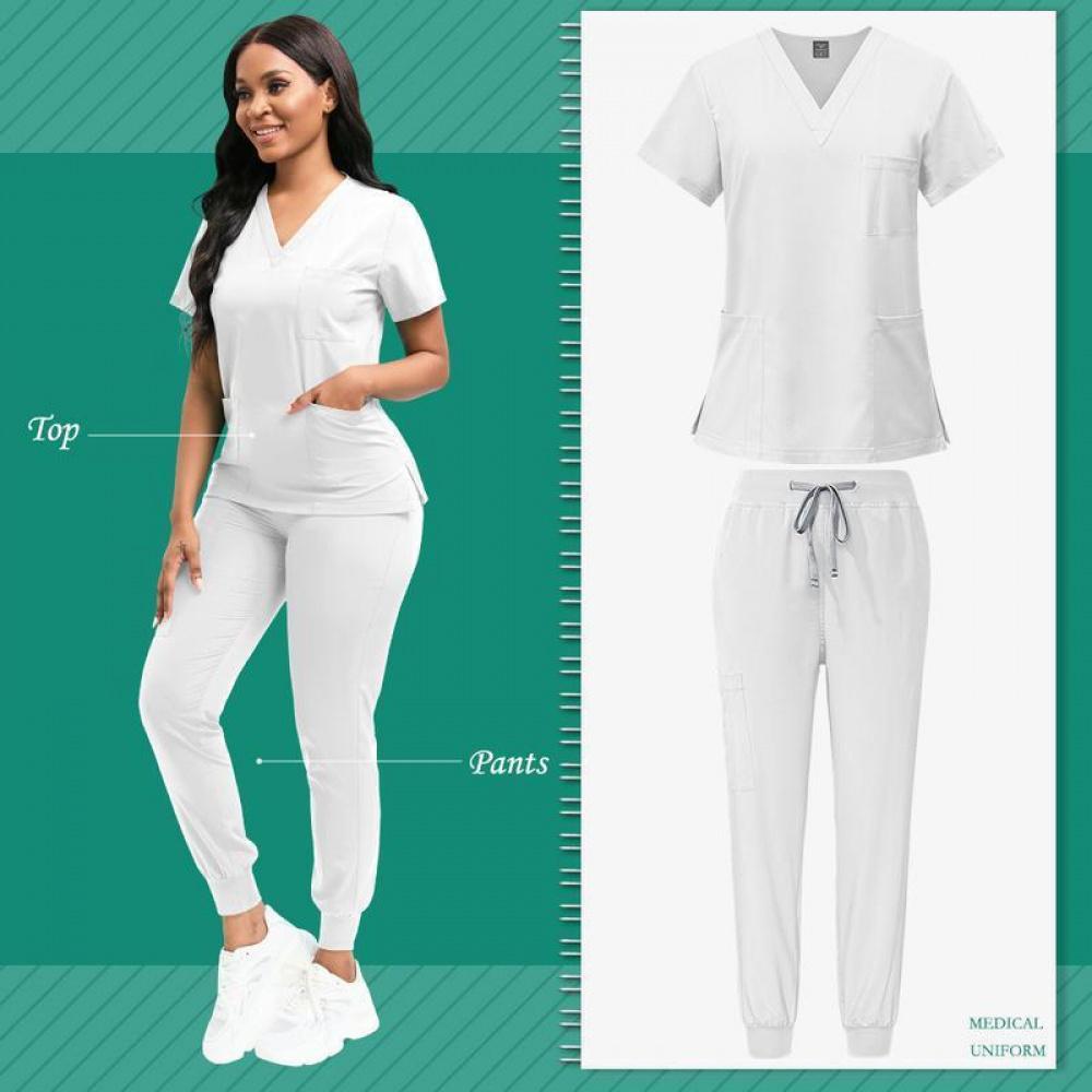 Set Women'S Polyester Scrubs, Fitted Nurse Uniform With Patch Pocket, Woven Work Clothes For Beauty SPA, Veterinary Dentistry - High-Quality Professional Apparel, Nurse Accessories For Work(Gift)