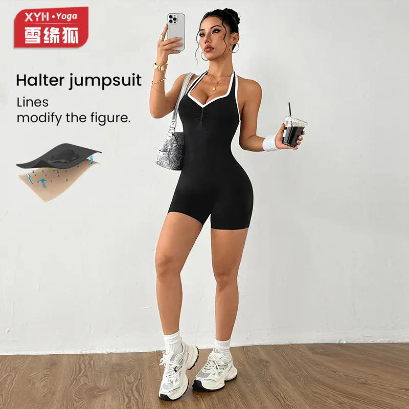 NBGRLVS Women's Color Block Halter Neck Backless Yoga Jumpsuit Heart Shape Neckline Peach Hip Fitness One Piece Shorts Tummy Control Workout Onesie For Gym Running Sports Activewear