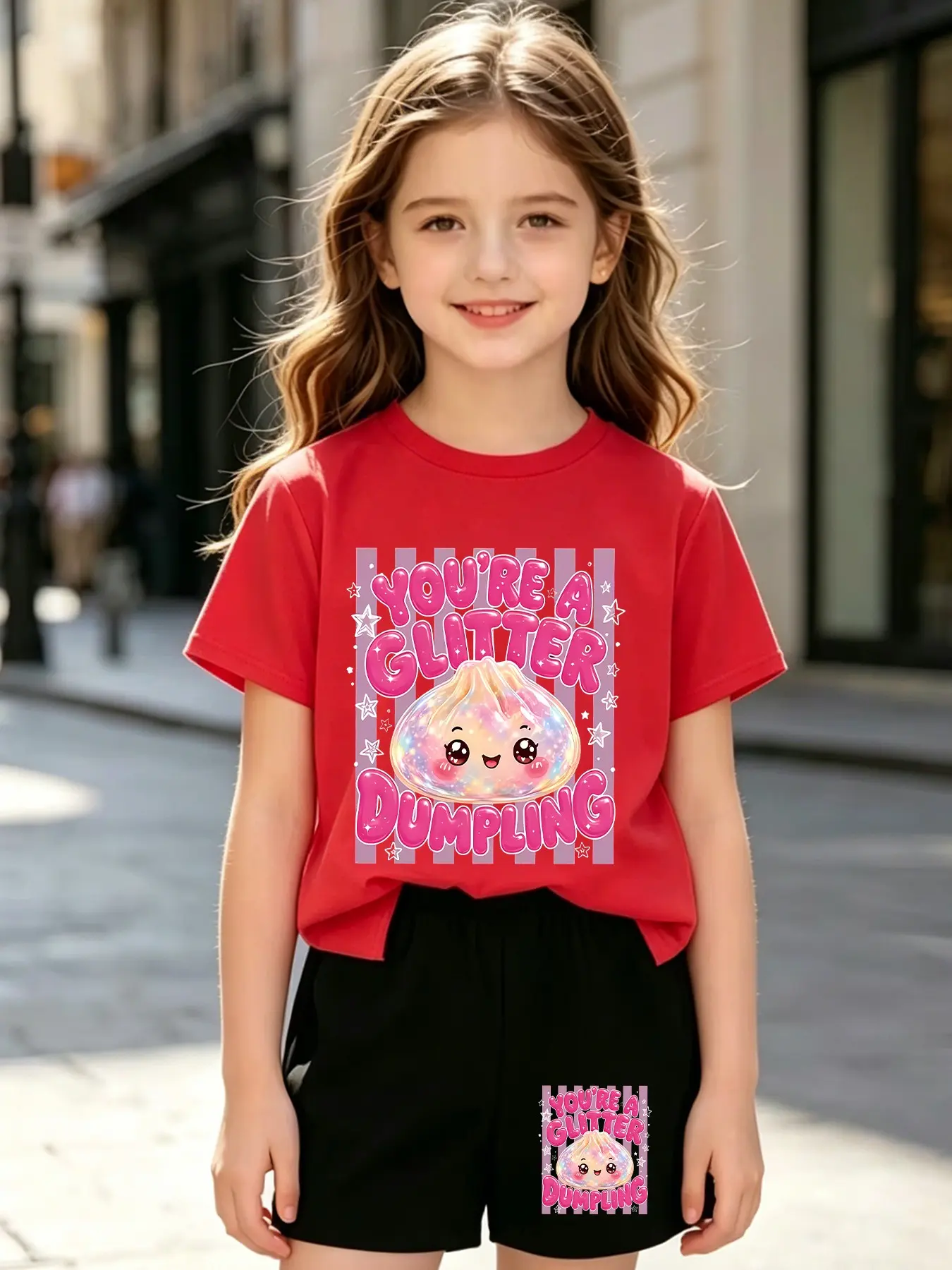 Summer Girls' Sweet And Fashionable 2-Piece Casual Set, Dumpling-Shaped Rainbow Shiny Sparkly Cute Steamed Bun Purple Pink Striped White Star Pattern Printed Short-Sleeved T-Shirt And Comfortable And Breathable Short Pants Set, Suitable For Daily Wear