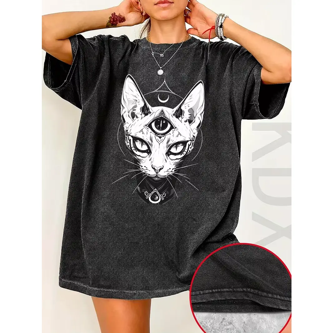 Three Eyed Sphynx Hairless Cat Black White Moon Graphic Oversized Cotton Shirt, Fashion Comfort Outfit, Cute Gothic Gift For Lover Family Friends, Ideal Holiday Gift For Him Her