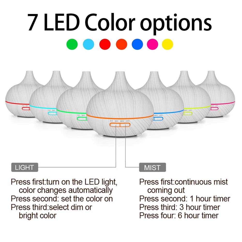 500ml Aromatherapy  Diffuser Wood Grain Remote Control Ultrasonic Air Humidifier Cool 7 Color LED Light