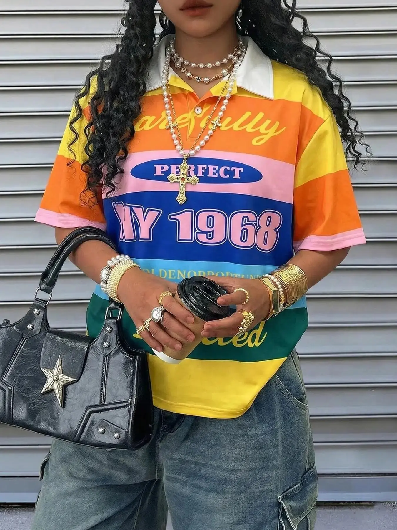 Vintage Rainbow Striped Polo Shirt, Ny1968 Letter Print, Loose Fit, Breathable Fabric, Streetwear Style, Casual Streetwear Look, Y2K Fashion, Casual T-Shirt