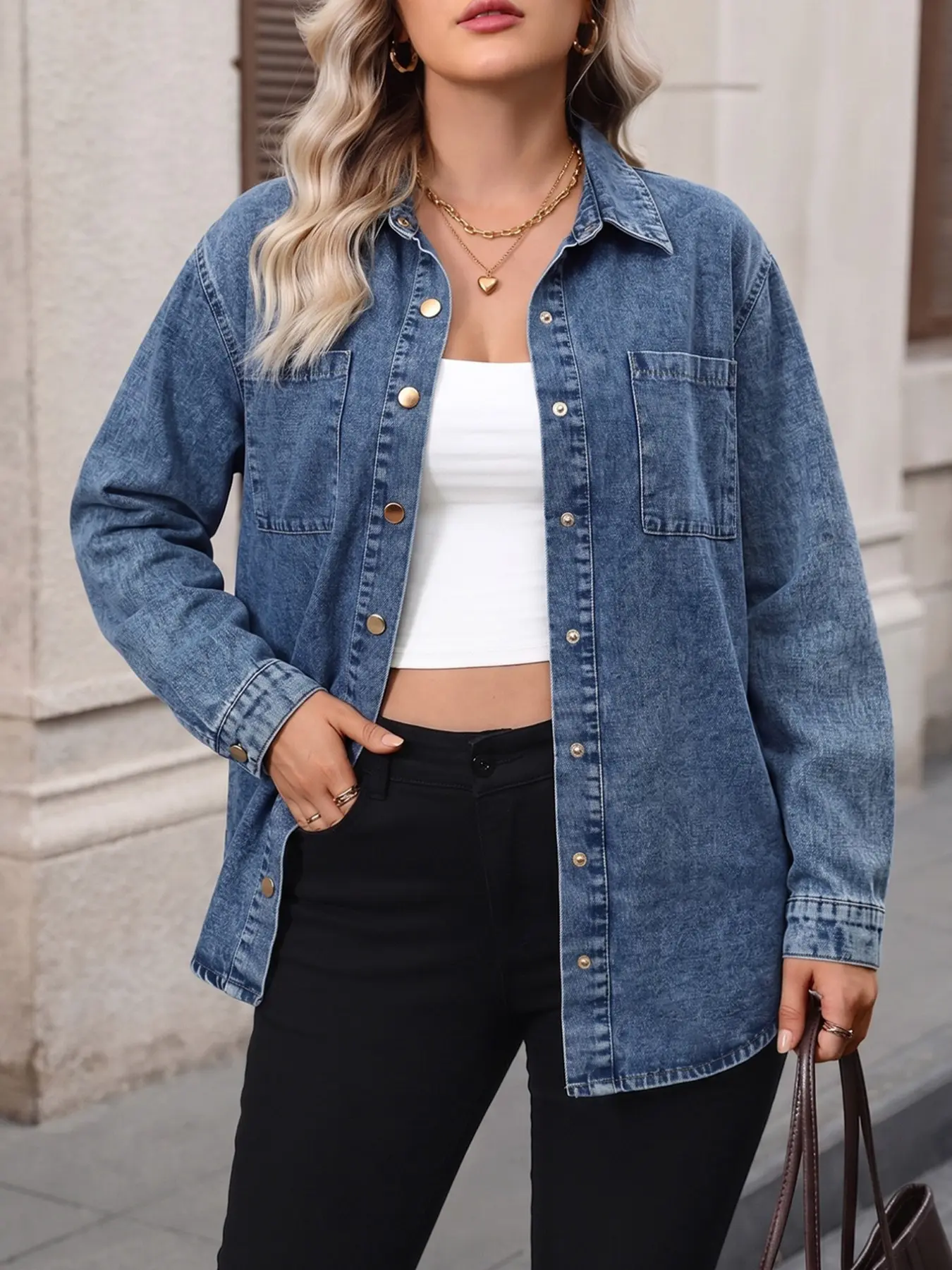 Plus Size Women's Lapel Long Sleeve Loose Jeans Shirt Jacket, Button Double Chest Pocket Mid-Length Medium Wash Denim Shirt, Casual Everyday Layering Top